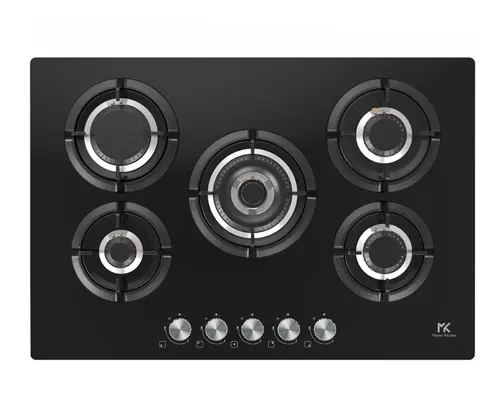 Plita incorporabila Master Kitchen MKHG 7541EDS-FTCBK, Gaz, 5 arzatoare, Gratare fonta, Arzator coroana tripla, Aprindere electica integrata, Sistem siguranta, 75 cm, Sticla (Negru)