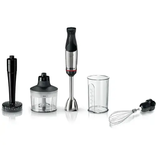 Blender vertical Bosch ErgoMaster MSM6M633, 1000 W, Inox, minitocator, tel, pasator,vas gradat, Cutit QuattroBlade System Pro cu 4 lame si AntiSplash (Inox/Negru)