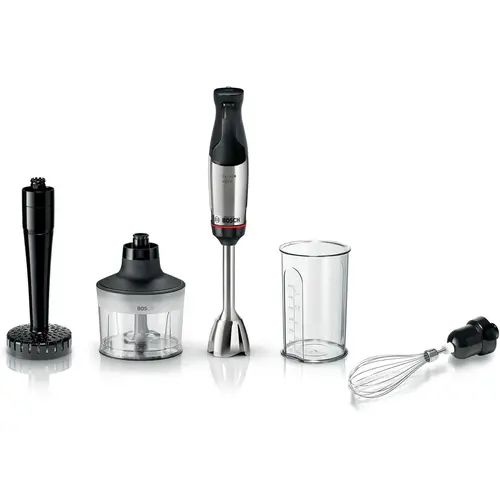 Blender vertical Bosch ErgoMaster MSM6M633, 1000 W, Inox, minitocator, tel, pasator,vas gradat, Cutit QuattroBlade System Pro cu 4 lame si AntiSplash (Inox/Negru)