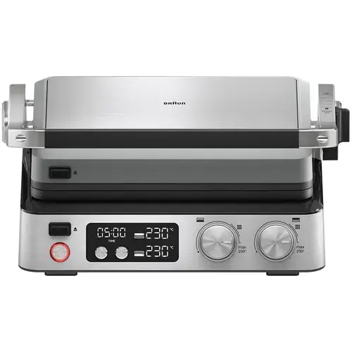 Gratar electric Braun MultiGrill CG7044, 2000 W, 3 moduri de gatire, 2 zone de gatit cu termostate electronice independente, 2 seturi de placi detasabile, Deschidere 180°, Tava scurgere detasabila (Argintiu)