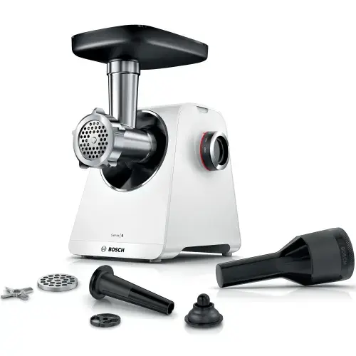 Masina de tocat Bosch MFWS607W, 2100W, 3.5kg/min, 2 site, Palnie carnati, Accesoriu pt kebbe, Cutit cu 2 taisuri (Alb)