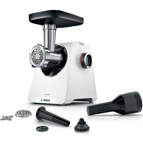 Masina de tocat Bosch MFWS607W, 2100W, 3.5kg/min, 2 site, Palnie carnati, Accesoriu pt kebbe, Cutit cu 2 taisuri (Alb)
