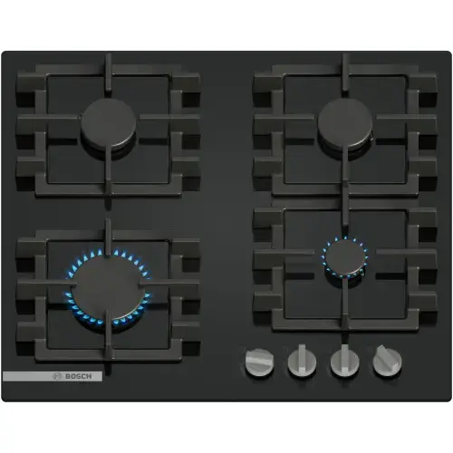 Plita incorporabila Bosch PNN6B6K40, Gaz, 4 arzatoare, Gratar fonta, 60 cm, Quartz (Negru)