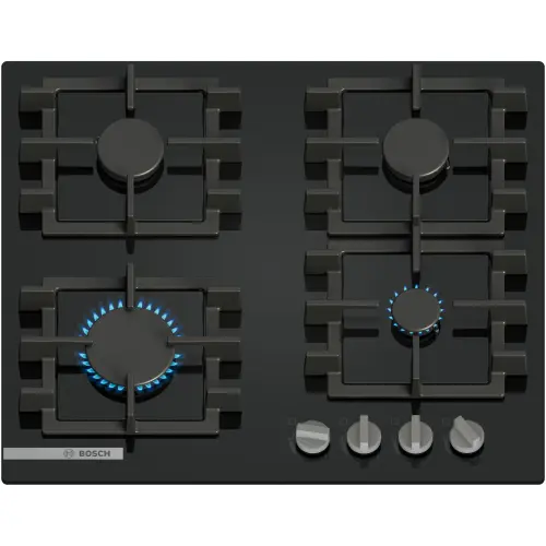 Plita incorporabila Bosch PNN6B6K40, Gaz, 4 arzatoare, Gratar fonta, 60 cm, Quartz (Negru)