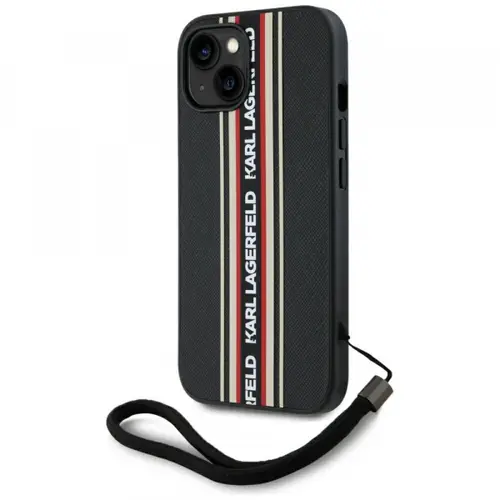 Husa pentru Apple iPhone 15, Karl Lagerfeld, Saffiano Athleisure Stripes with Strap, Negru/Rosu