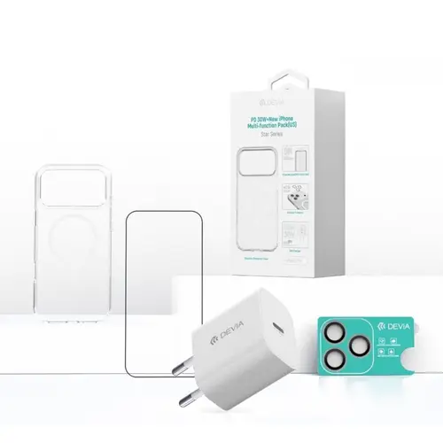 Devia Set 4 in 1 iPhone 17 Pro Max Incarcator retea GaN PD 30W + husa silicon Magsafe + folie sticla Military-Grade cu aplicator + folie sticla camera (Alb/Transparent)