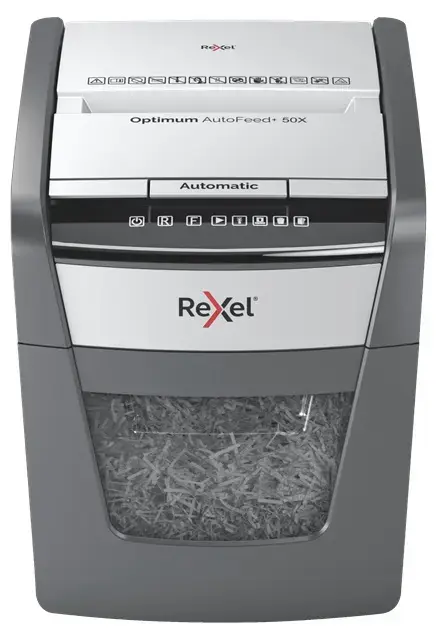Distrugator documente si carduri automat Rexel Optimum AutoFeed+ 50X RX-2020050XEU, P4, Cross-cut, 50 Coli, Cos 20 L (Negru)