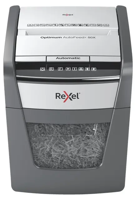 Distrugator documente si carduri automat Rexel Optimum AutoFeed+ 50X RX-2020050XEU, P4, Cross-cut, 50 Coli, Cos 20 L (Negru)