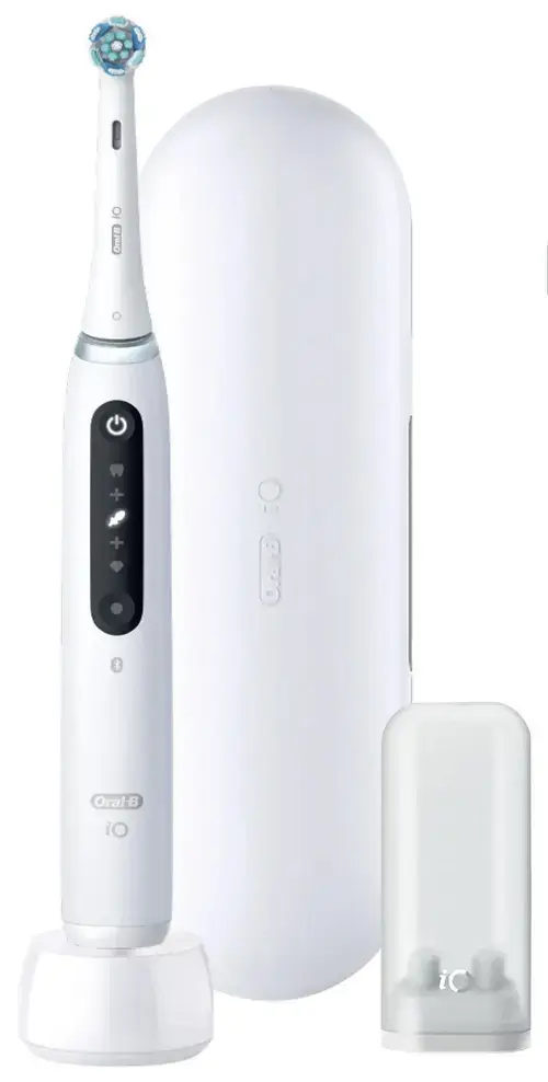 Periuta de dinti electrica Oral-B iO5 cu Tehnologie Magnetica si Micro-Vibratii, Inteligenta artificiala, Display conversational, Senzor de presiune Smart, 5 moduri, 1 capat, Trusa de calatorie (Alb)
