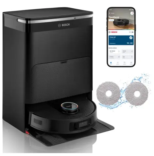 Aspirator robot Bosch Spotless Max Cam BCRDW3BX, 11000 Pa, Navigare 360 LiDAR, Recipient praf 275 ml, Rezervor apa 55 ml (Negru)