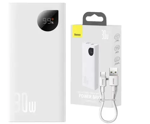 Acumulator extern Baseus Adaman2, Digital Display, Incarcare rapida, 10000 mAh, 30W VOOC Edition, cablu USB-A la USB-C inclus (Alb)