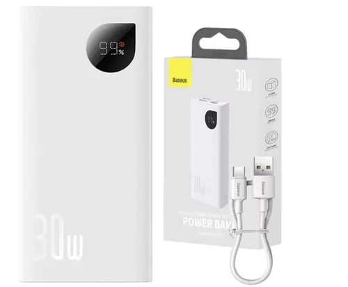 Acumulator extern Baseus Adaman2, Digital Display, Incarcare rapida, 10000 mAh, 30W VOOC Edition, cablu USB-A la USB-C inclus (Alb)