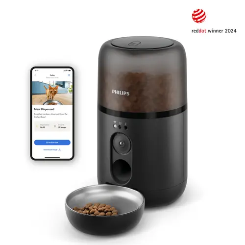 Hranitor automat inteligent pentru animale Philips, seria PET, cu camera HD incorporata, senzor de miscare, bol potrivit pentru mustati, notificari la ora mesei, conectat cu aplicatie, tehnologie anti-infundare, 4.5l (Negru)