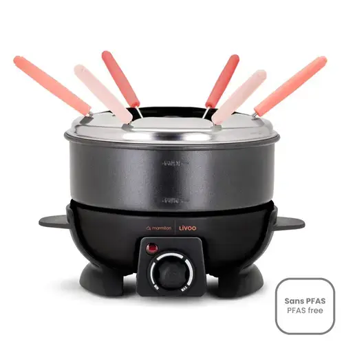 Set fondue Livoo DOC308, oala otel inoxidabil cu invelis antiaderent, 650W, temperatura reglabila, 6 furculite, capacitate 1.6l (Negru/Inox)