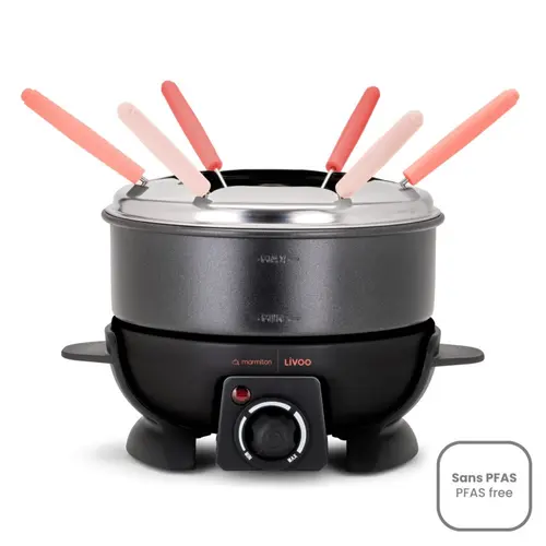 Set fondue Livoo DOC308, oala otel inoxidabil cu invelis antiaderent, 650W, temperatura reglabila, 6 furculite, capacitate 1.6l (Negru/Inox)