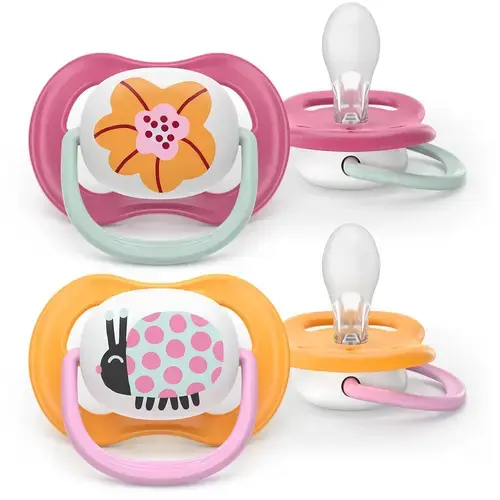 Set 2 suzete Philips Avent Ultra Air SCF080/27 care lasa pielea bebelusului sa respire, ortodontice, fara BPA, 6-18 luni (Roz/Portocaliu)