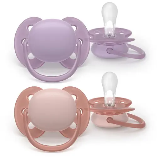 Set 2 suzete Philips Avent Ultra Soft SCF091/43, cu disc flexibil, pentru pielea sensibila a bebelusului, ortodontice, fara BPA, 6-18 luni (Mov/Roz)