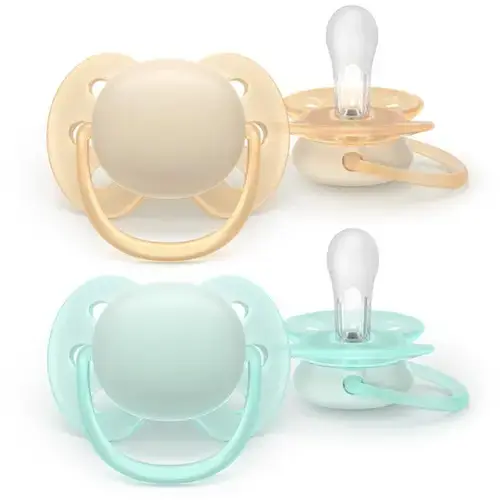 Set 2 suzete Philips Avent Ultra Soft SCF091/40, cu disc flexibil, pentru pielea sensibila a bebelusului, ortodontice, fara BPA, 0-6 luni+ (Multicolor)