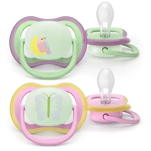 Set 2 suzete Philips Avent Ultra Air SCF376/29 care lasa pielea bebelusului sa respire, ortodontice, fara BPA, 6-18 luni, pentru noapte, cu buton fosforescent (Multicolor)