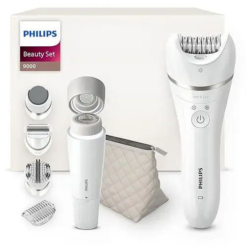Epilator electric Philips, BRE770/92, set complet cu cap de ras, cap pentru masaj, dispozitiv pentru par facial, pila pentru picioare (Alb)
