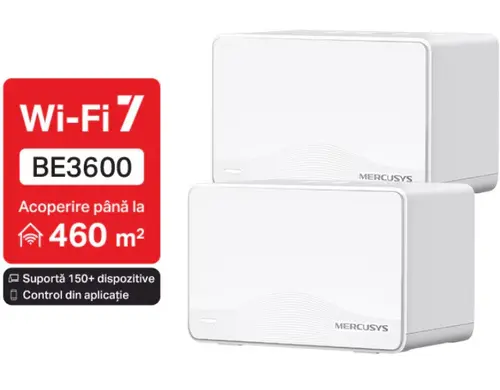 Sistem Mesh Wi-Fi Mercusys Halo H25BE(2-pack), BE3600, Dual-Band, Wi-Fi 7, MLO, 3 x 1 Gbps port, cu acoperire completa pentru casa