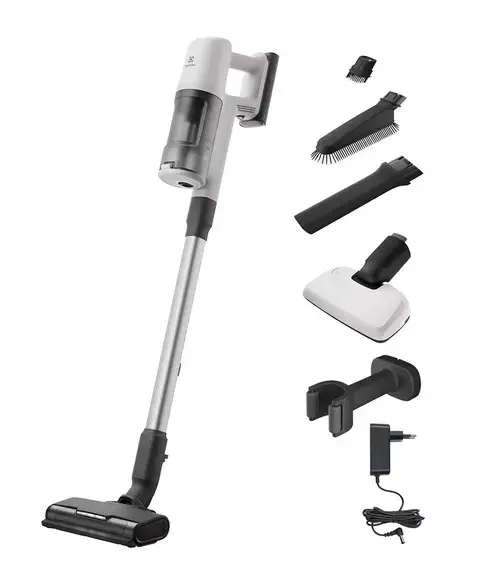 Aspirator vertical Electrolux Seria 600 EP61HB21UV, 21,6V, 2500 mAh, Recipient 0,5l, tub inox, perie PowerPro multisuprafete cu LED, duza BedPro cu lumina UV, 79 dB, Autonomie max 50 minute (Alb)