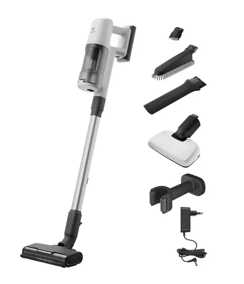 Aspirator vertical Electrolux Seria 600 EP61HB21UV, 21,6V, 2500 mAh, Recipient 0,5l, tub inox, perie PowerPro multisuprafete cu LED, duza BedPro cu lumina UV, 79 dB, Autonomie max 50 minute (Alb)
