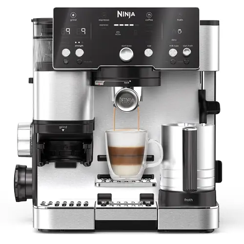 Espressor semi-automat 2in1 Ninja Luxe Cafe Essential ES501EU, 1650W, rasnita incorporata cu 25 trepte de macinare, Barista Assist, cantar incorporat, autocuratare a sistemului de spumare, 2 filtre Luxe si Double (Inox)