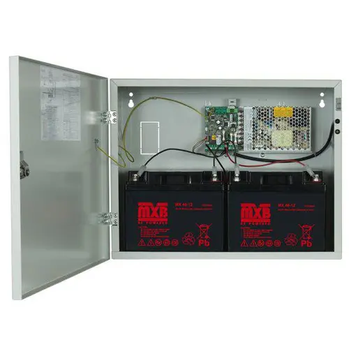 Sursa de alimentare pentru sisteme de detectie incendiu 24V/5.5A in cutie metalica Merawex ZSP100-5.5A-40, loc pentru 2 acumulatori 12V/40Ah, Tensiune de intrare: 100/230VAC