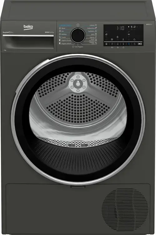Uscator de rufe Beko B3T49233MEU Pompa de caldura, 9 kg, 15 programe, Clasa D, Iron Finish, RecycledDry, OptiSense, Aquawave, Hygienic Refresh (Antracit)