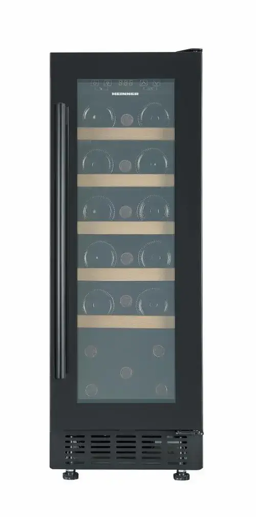Racitor de vinuri HEINNER HRV-ABI56DRL20, 56 l, Clasa G, 20 sticle (750 ml), Display LED, Control electronic, Lumina LED, 5 rafuri lemn, Usa reversibila, H 82 cm (Negru)