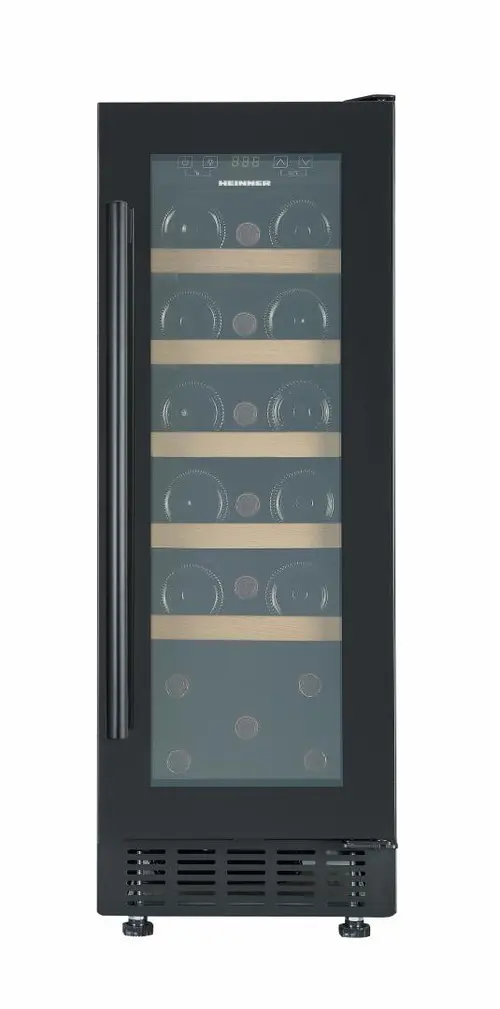 Racitor de vinuri HEINNER HRV-ABI56DRL20, 56 l, Clasa G, 20 sticle (750 ml), Display LED, Control electronic, Lumina LED, 5 rafuri lemn, Usa reversibila, H 82 cm (Negru)