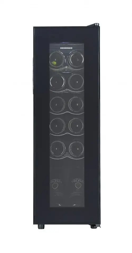 Racitor de vinuri HEINNER HRV-A45DRM12, 45 l, 12 sticle (750 ml), Display LED, Lumina LED, 5 rafturi metalice, H 84 cm (Negru)