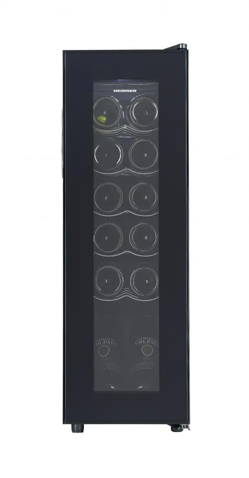 Racitor de vinuri HEINNER HRV-A45DRM12, 45 l, 12 sticle (750 ml), Display LED, Lumina LED, 5 rafturi metalice, H 84 cm (Negru)