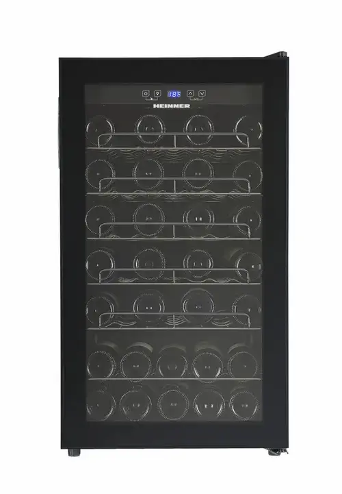 Racitor de vinuri HEINNER HRV-A118DRM40, 118 l, Clasa G, 40 sticle (750 ml), Display LED, 5+1 rafturi metalice cromate, Usa reversibila (Negru)