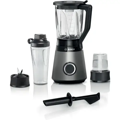 Blender Bosch MMB6177S VitaPower Serie4, 1200 W, 2 viteze + tel, lama Easy Klick din otel inoxidabil cu 4 aripi, pahar ThermoSafe rezistent la caldura de 1,5 l, sticla Tritan ToGo, tocator universal (Argintiu)
