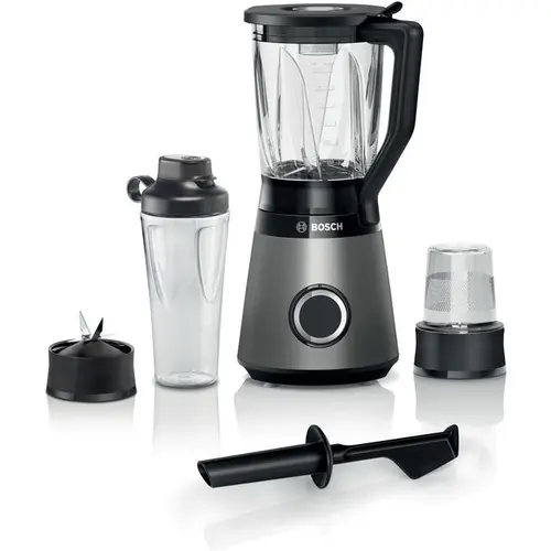 Blender Bosch MMB6177S VitaPower Serie4, 1200 W, 2 viteze + tel, lama Easy Klick din otel inoxidabil cu 4 aripi, pahar ThermoSafe rezistent la caldura de 1,5 l, sticla Tritan ToGo, tocator universal (Argintiu)