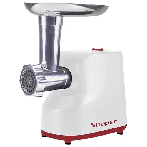 Masina de tocat carne electrica Beper BP102200, 1200 W, Lame inox, 3 matrite de 3,5,7 mm, Functie revers (Alb/Rosu)