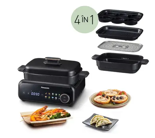 Grill multifunctional 4 in 1 Panasonic NF-GM400KXE, 1524W, 40°C–250°C, 9 programe, 4 vase, peste 80 retete, extractor de fum cu filtrare prin apa, (Negru)