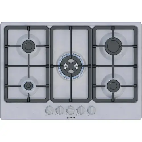 Plita incorporabila Bosch PGQ7B5K90, Gaz, 5 arzatoare, Arzator Wok, Gratar fonta, 75 cm (Inox)