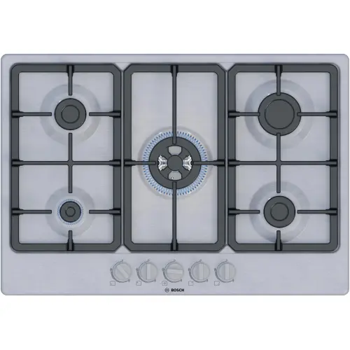 Plita incorporabila Bosch PGQ7B5K90, Gaz, 5 arzatoare, Arzator Wok, Gratar fonta, 75 cm (Inox)