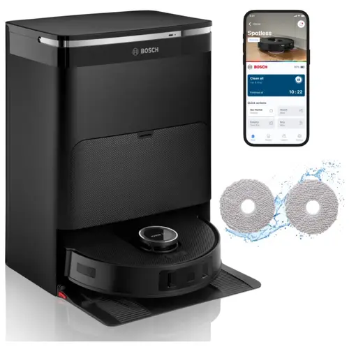Aspirator robot Bosch Spotless Max BCRDW3B, Aspirare uscata si cu mop, 11000 Pa, Autonomie 160 minute, Recipient praf 275ml, Navigare LiDAR (Negru)