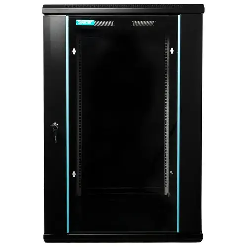 Cabinet 19″ SPACER 18U 600x600mm, fixare pe perete, Flatpack (dezasamblat), negru, usa sticla cu blocare, panouri detasabile, otel 1.5mm, sarcina maxima 60Kg