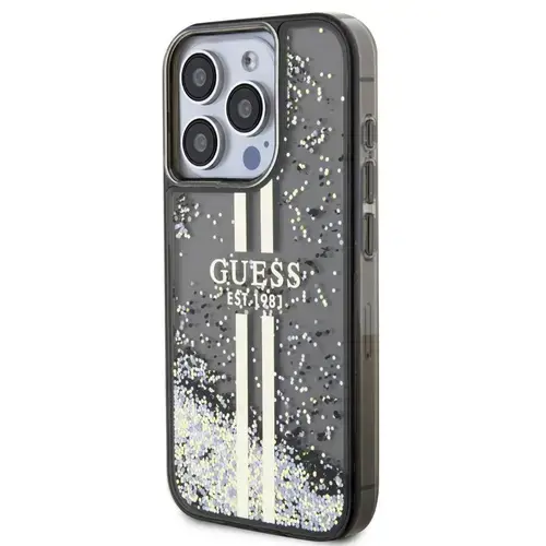 Husa Protectie Spate Guess GUHCP15LLFCSEGK Liquid Glitter Gold Stripe pentru Apple iPhone 15 Pro (Negru)