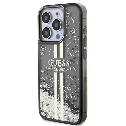 Husa Protectie Spate Guess GUHCP15LLFCSEGK Liquid Glitter Gold Stripe pentru Apple iPhone 15 Pro (Negru)