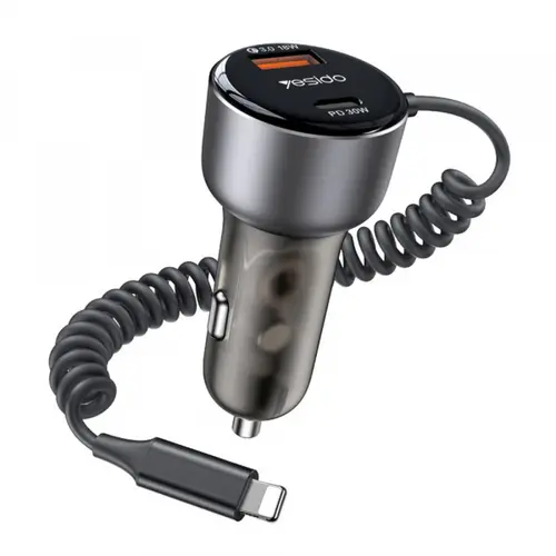 Incarcator Auto Cu Cablu Lightning Yesido Y57, 50 W, 3A, 1 x USB-A - 1 x USB-C (Negru)