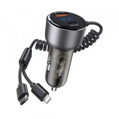 Incarcator Auto Cu Cablu USB-C / Lightning Yesido Y58 Display, 60W, 3A, 1 x USB-A - 1 x USB-C (Gri)