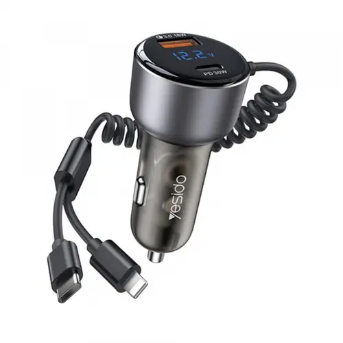 Incarcator Auto Cu Cablu USB-C / Lightning Yesido Y58 Display, 60W, 3A, 1 x USB-A - 1 x USB-C (Gri)