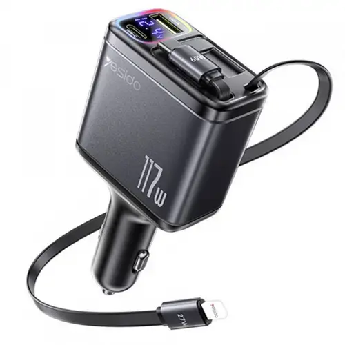 Incarcator Auto Cu Cablu USB-C / Lightning Yesido Y63 Display, 117W, 3A, 1 x USB-A - 1 x USB-C (Gri)