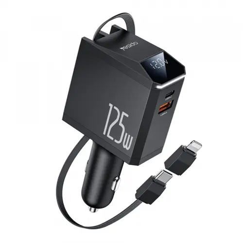 Incarcator Auto Cu Cablu USB-C / Lightning Yesido Y71 Display, 125W, 3A, 1 x USB-A - 1 x USB-C (Negru)